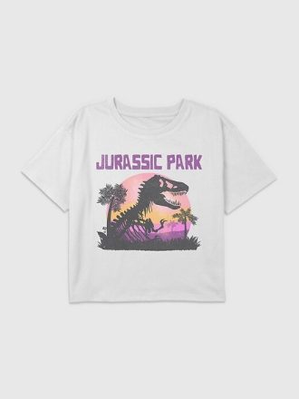 Camiseta infantil curta com estampa Jurassic Park e estampa boxy