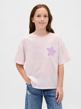 Camiseta infantil grande com estampa de lantejoulas e lantejoulas