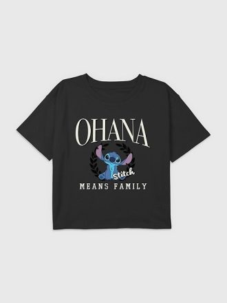 Camiseta infantil Lilo e Stitch Ohana Means Family com estampa de caixa e estampa de família