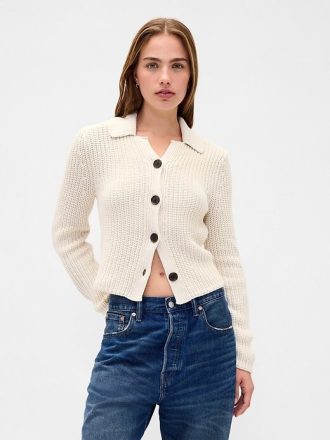 Cardigan curto com gola 100% algodão