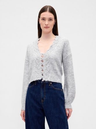 Cardigan curto com vieiras e felpudo Pointelle
