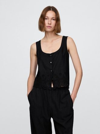 Colete bordado em mistura de linho