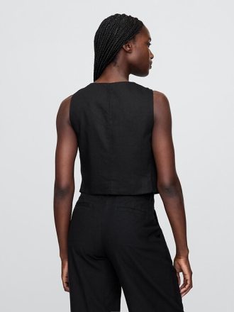 Colete curto com amarração frontal em mistura de linho