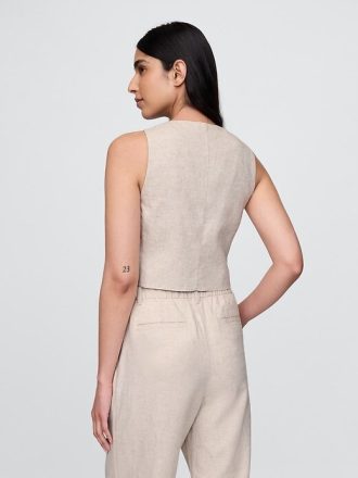 Colete curto com amarração frontal em mistura de linho