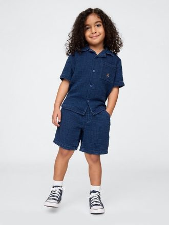 Conjunto de roupa jeans com gaze amassada para bebês e crianças pequenas