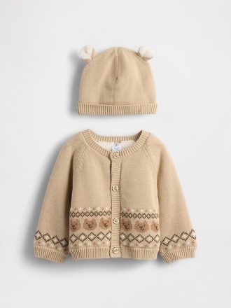 Conjunto de suéter cardigan de urso com forro de sherpa para bebê