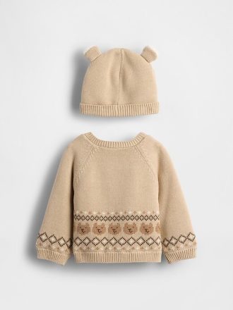 Conjunto de suéter cardigan de urso com forro de sherpa para bebê
