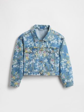 Jaqueta jeans infantil com mangas bufantes e estampa floral