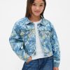 Jaqueta jeans infantil com mangas bufantes e estampa floral