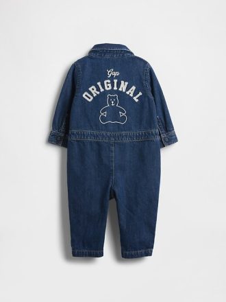 Macacão jeans com logo de urso para bebê