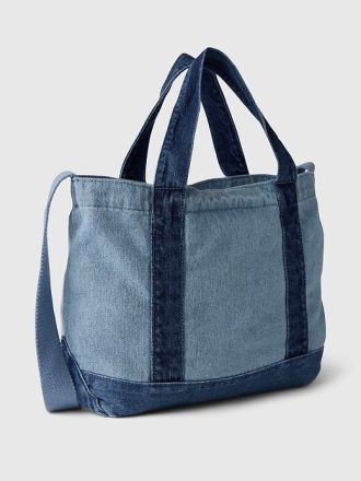 Mini bolsa tote com alça jeans e logotipo da Gap