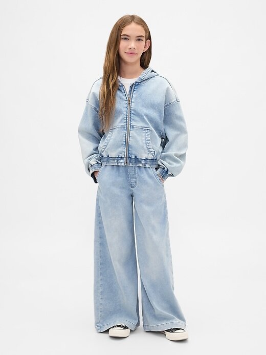 Moletom com capuz infantil em malha jeans com zíper Moletom com capuz infantil em malha jeans com zíper