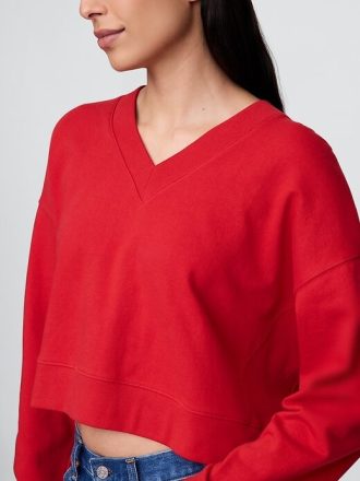 Moletom curto com decote em V e felpa francesa