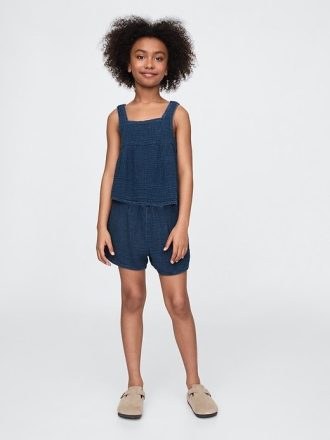 Shorts jeans infantis de gaze amassada e fácil de usar