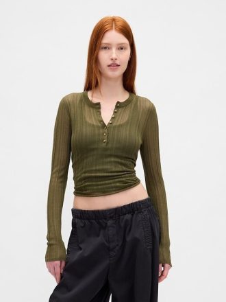 Suéter Henley com nervuras transparentes