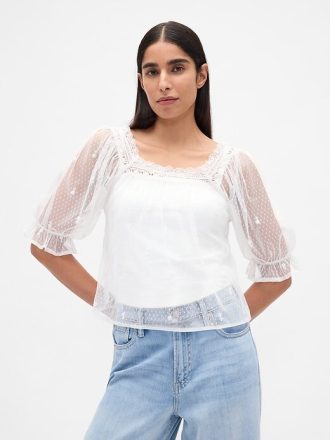 Top bordado em tule transparente
