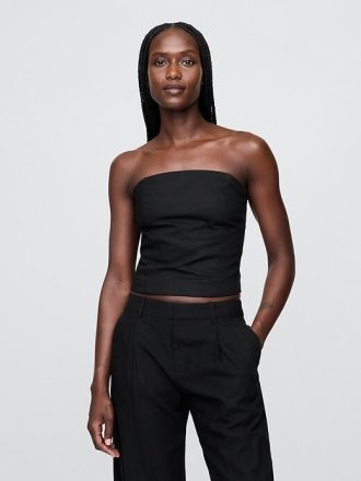 Top curto sem alças com espartilho e mistura de linho