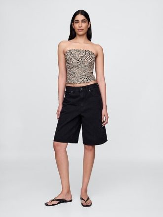 Top curto sem alças com espartilho e mistura de linho