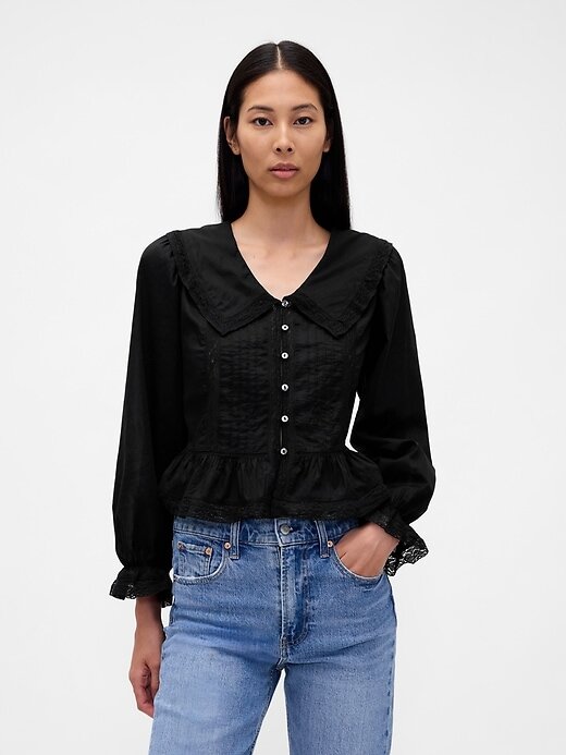 Top peplum com gola V e gola alta Top peplum com gola V e gola alta