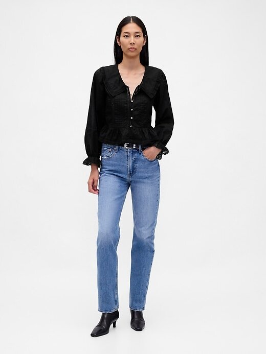 Top peplum com gola V e gola alta Top peplum com gola V e gola alta