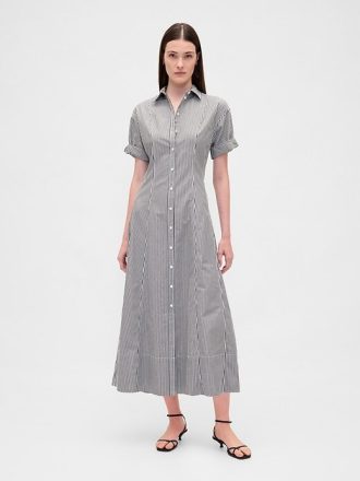 Vestido-camisa midi de popeline com punho enrolado