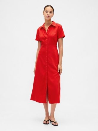 Vestido-camisa midi em mistura de linho