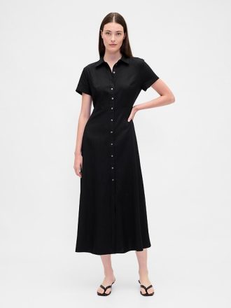 Vestido-camisa midi em mistura de linho