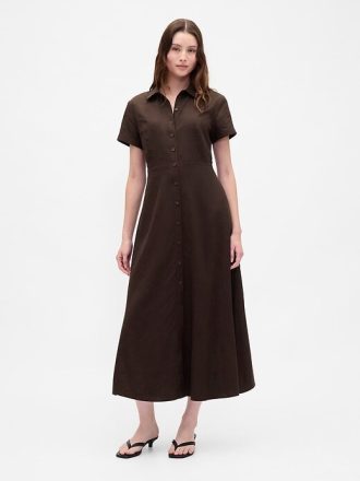 Vestido-camisa midi em mistura de linho