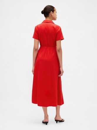 Vestido-camisa midi em mistura de linho