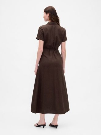 Vestido-camisa midi em mistura de linho