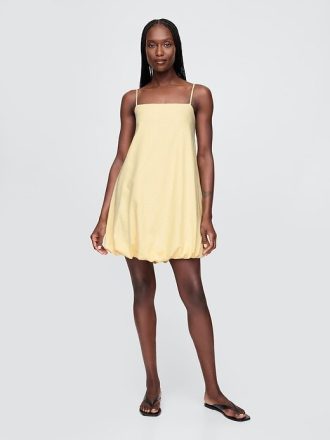 Vestido curto bolha em mistura de linho