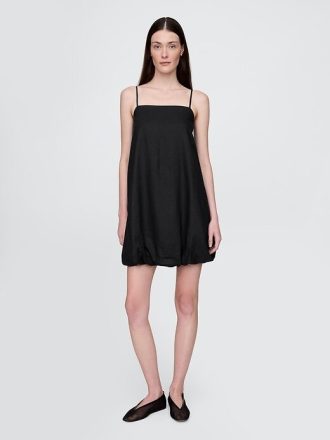 Vestido curto bolha em mistura de linho