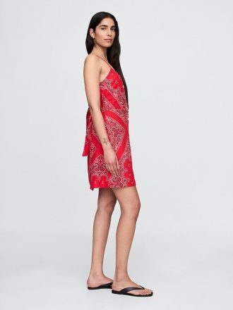 Vestido curto com amarração nas costas em mistura de linho