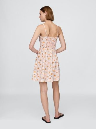 Vestido curto com corpete franzido em mistura de linho