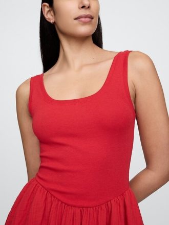 Vestido curto de gaze de algodão com técnica mista