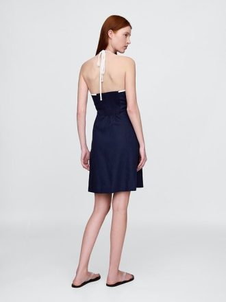 Vestido curto estilo halter em mistura de linho