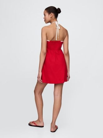 Vestido curto estilo halter em mistura de linho