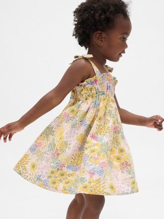 Vestido de gaze de algodão com alças e laço para bebês e crianças pequenas