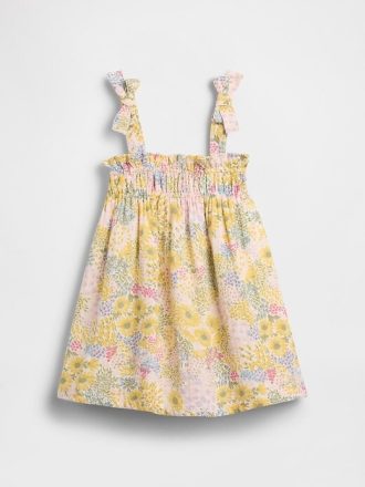 Vestido de gaze de algodão com alças e laço para bebês e crianças pequenas