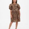 Vestido infantil de popeline com mangas bufantes e leopardo Vestido infantil de popeline com mangas bufantes e leopardo