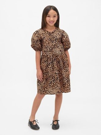 Vestido infantil de popeline com mangas bufantes e leopardo