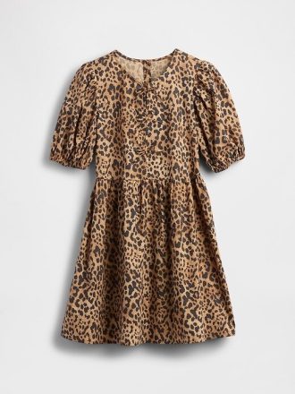Vestido infantil de popeline com mangas bufantes e leopardo