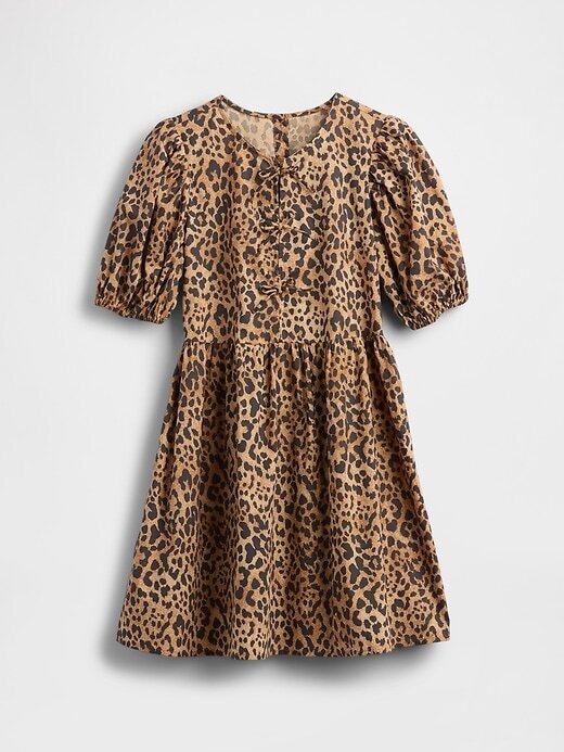 Vestido infantil de popeline com mangas bufantes e leopardo Vestido infantil de popeline com mangas bufantes e leopardo