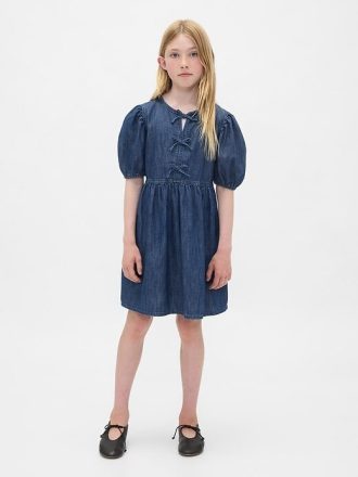 Vestido infantil jeans com manga bufante
