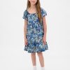 Vestido infantil jeans com manga bufante e estampa floral