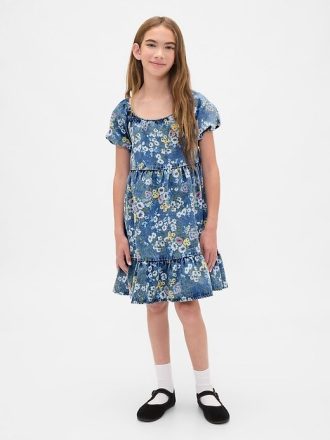 Vestido infantil jeans com manga bufante e estampa floral