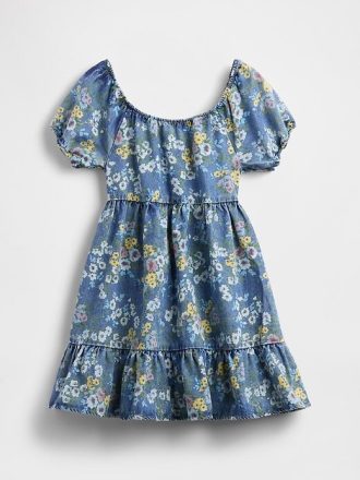 Vestido infantil jeans com manga bufante e estampa floral