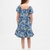 Vestido infantil jeans com manga bufante e estampa floral