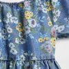 Vestido infantil jeans com manga bufante e estampa floral