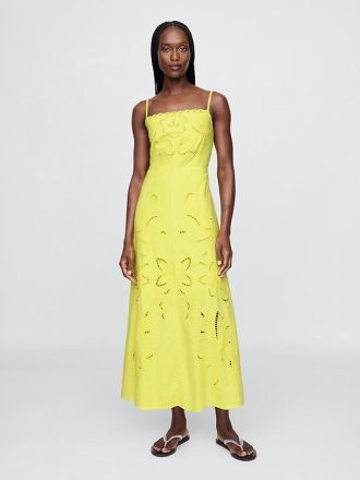 Vestido longo bordado em mistura de linho